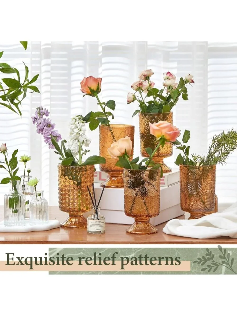 Set of 9 Embossed Flower Glass Vases - Pedestal Design, 7” H x 4” W, Home Decor